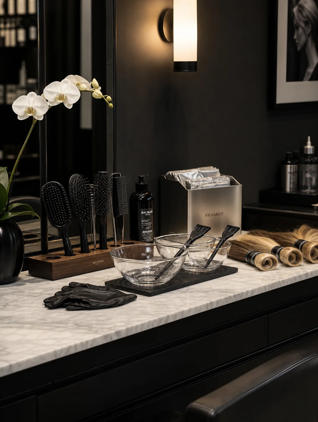 Professional salon hair care products and styling tools arranged on a warm travertine counter